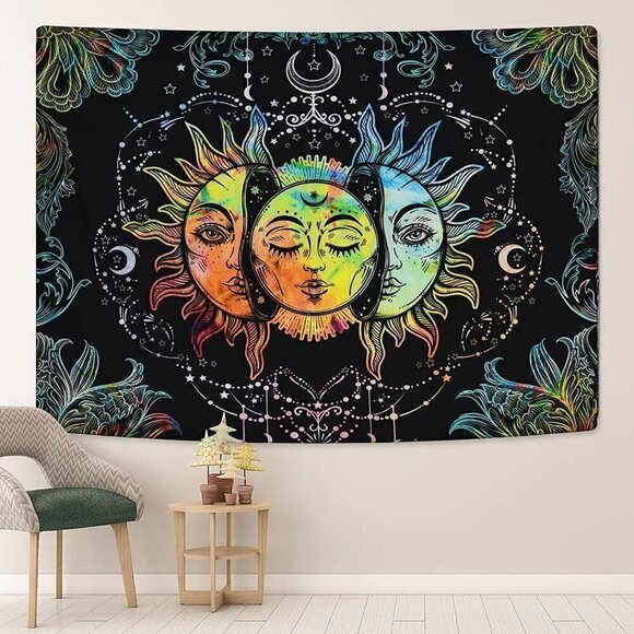 Psychedelic Burning Sun Moon Stars Tapestry Mandala Living Room Bedroom Dorm NWT - Picture 4 of 7